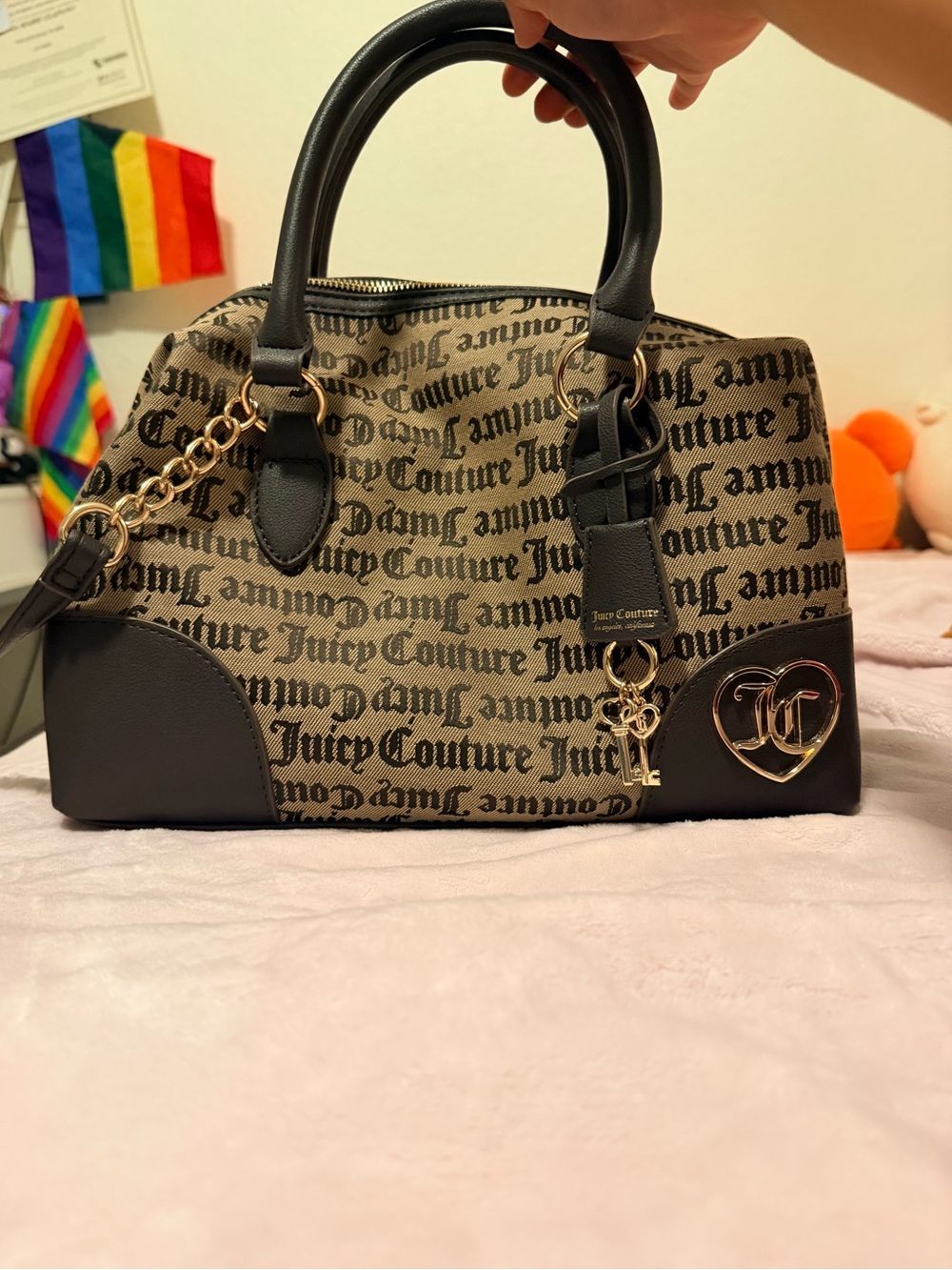 Juicy Couture Brown and Black Logo Dome Satchel with Gold Hardware